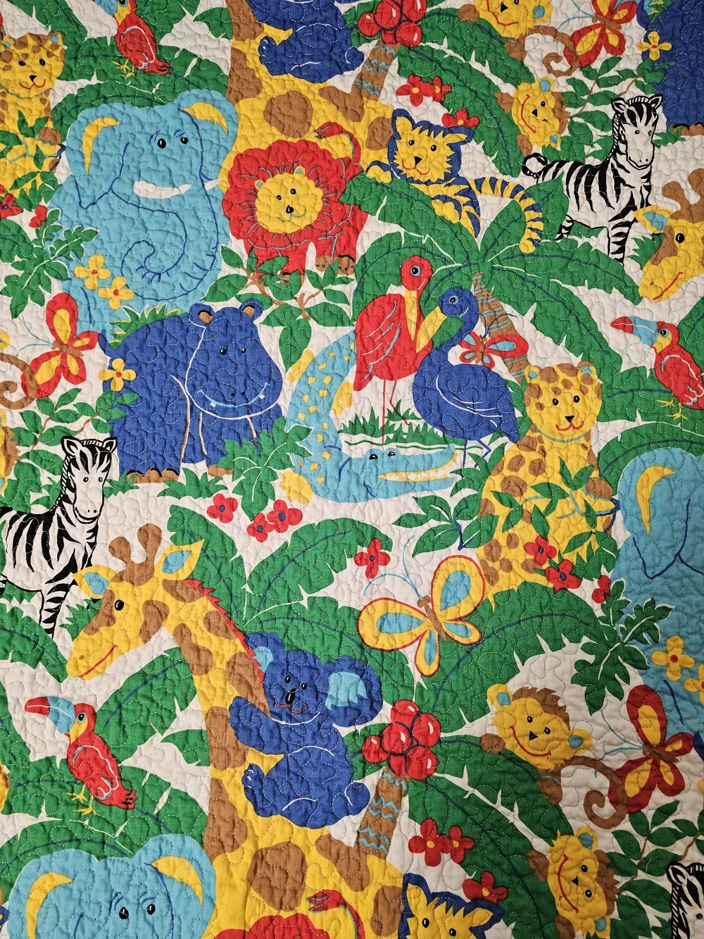 Reversible Crib Quilt Jungle Safari Animals Multicolor with Blue Backing